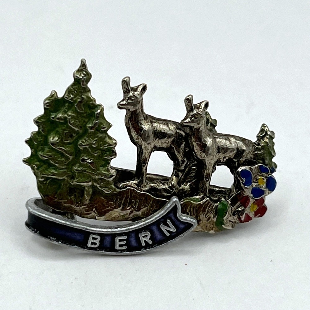 Vintage Silver Bern Switzerland Deer Alpine Enamel Flower Travel Souvenir Brooch